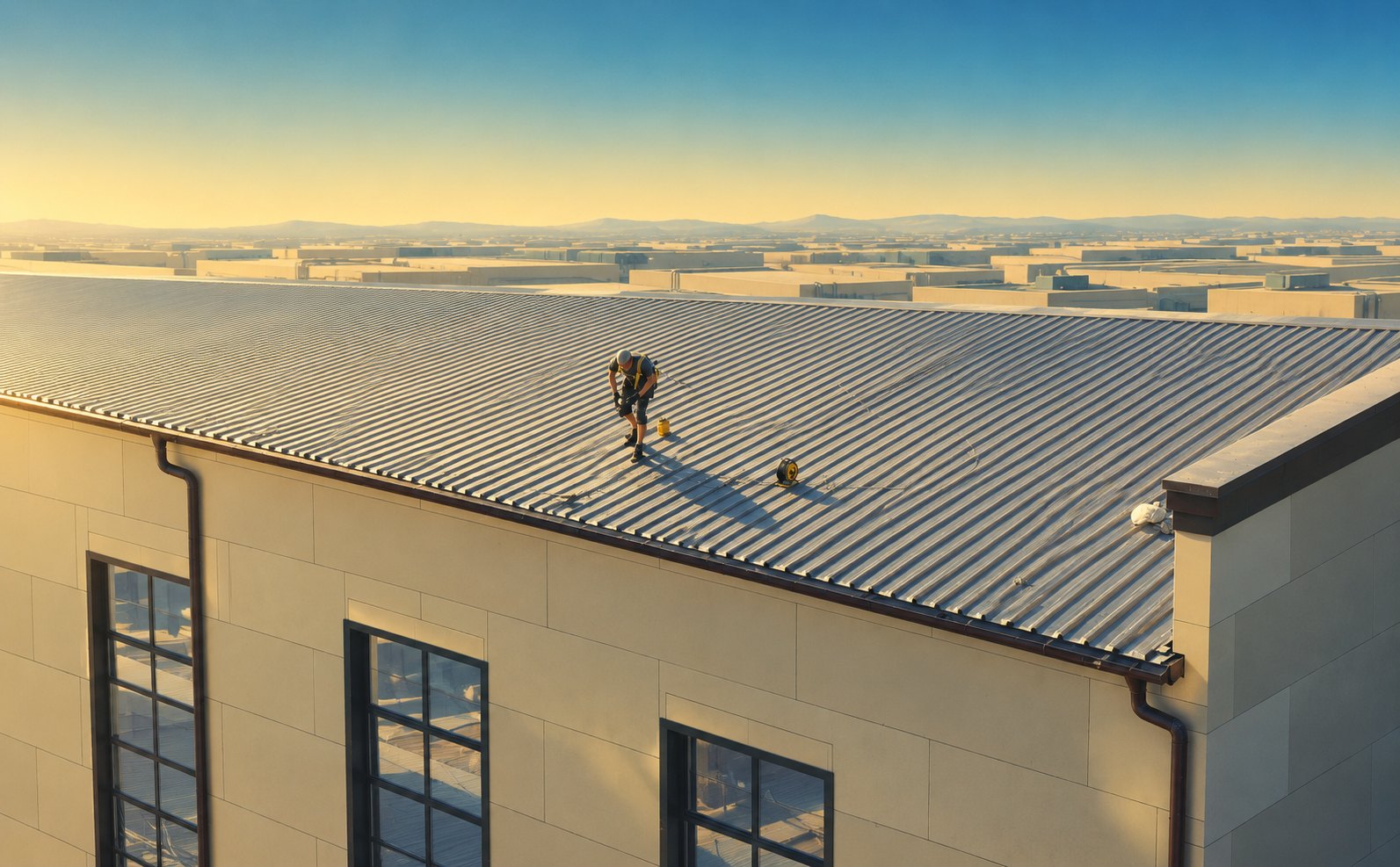 A roofer working on a standing-seam metal roof above an industrial district.