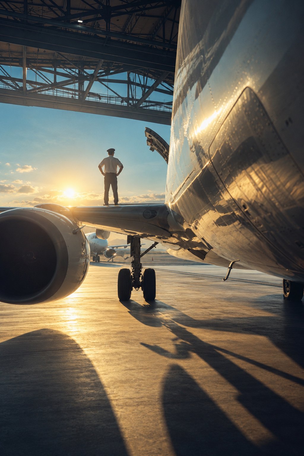 A pilot standing on an aircraft wing outside a hangar at sunset.